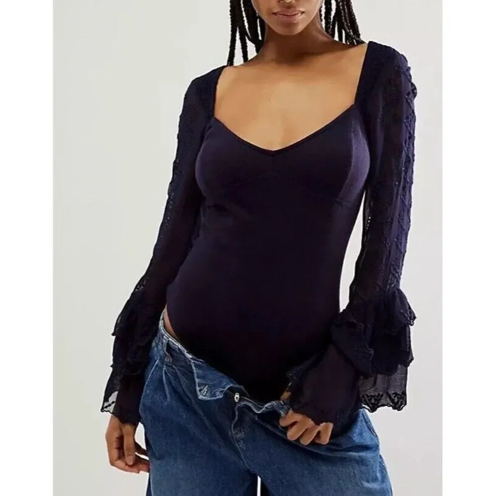 Free People Enchanted By You Bodysuit‎ Womens Medium Navy Ruffle Sleeve V Neck